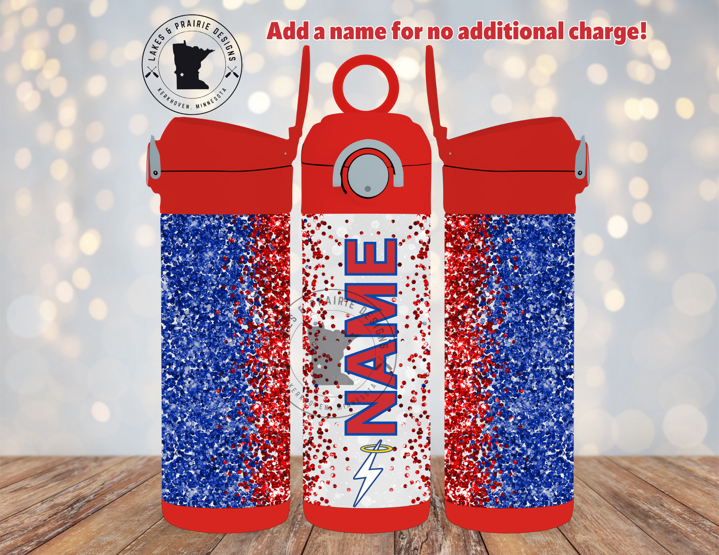 KMS Bolt with Custom Name Faux Glitter 10 oz. Water Bottle