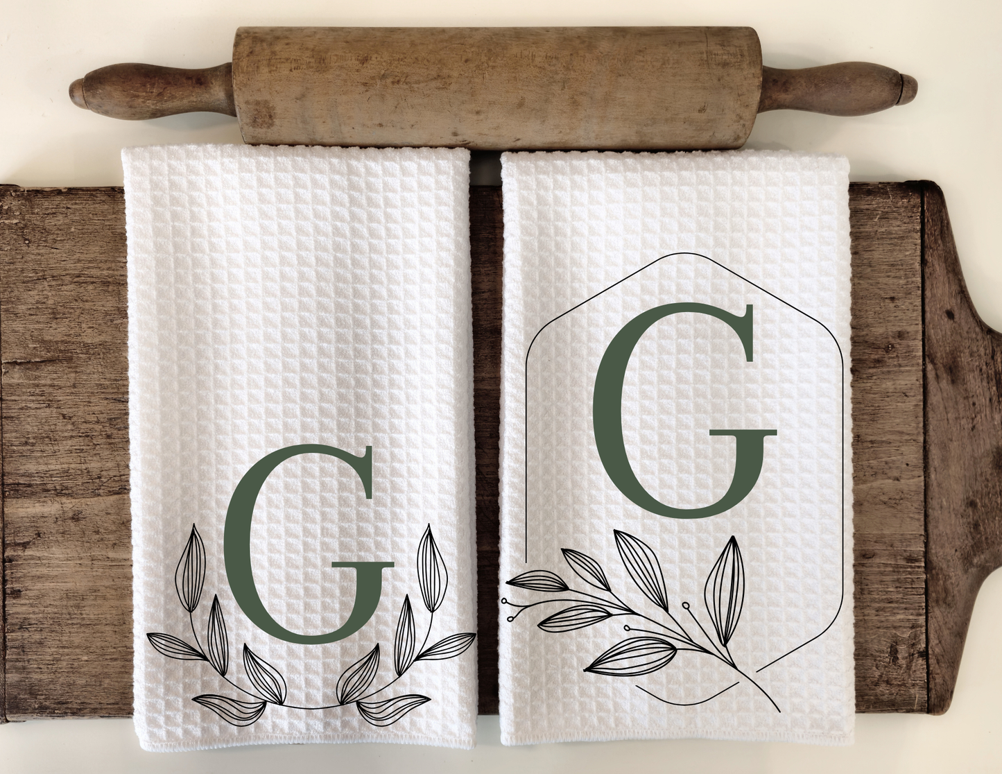 Custom Leaf Initial Set of 2 Dish Towels