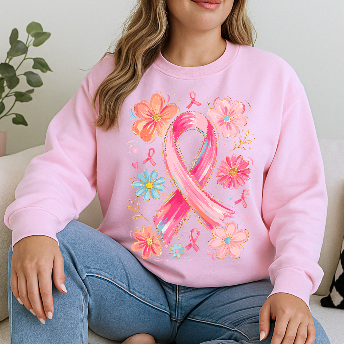 Watercolor Floral Breast Cancer Ribbon