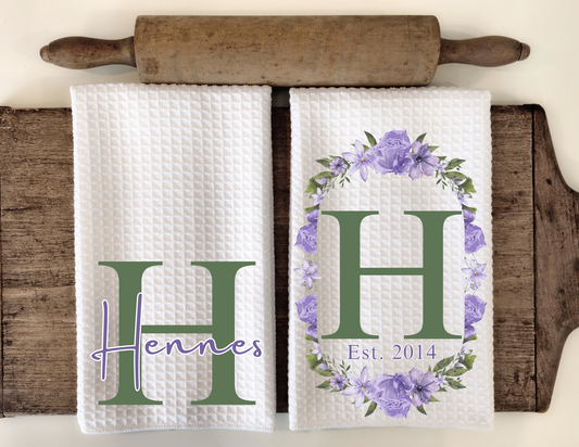 Custom Purple Floral Set of 2 Dish Towels